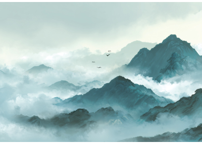 Фототапет Мъглива гора над езеро – акварелна атмосфера и дълбоко спокойствие